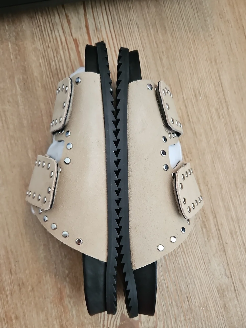 Anthropologie Beige Double-Strap Stud Slide Sandals